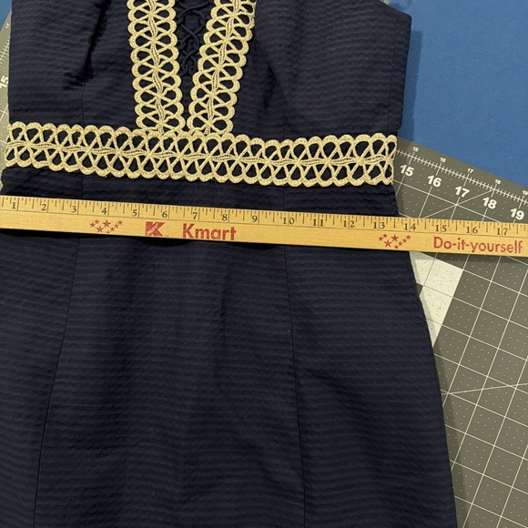 Lily Pulitzer Trista Shift Dress Size 0 Navy Blue/Gold Trim Lace-Up Neck - New - Picture 6 of 11